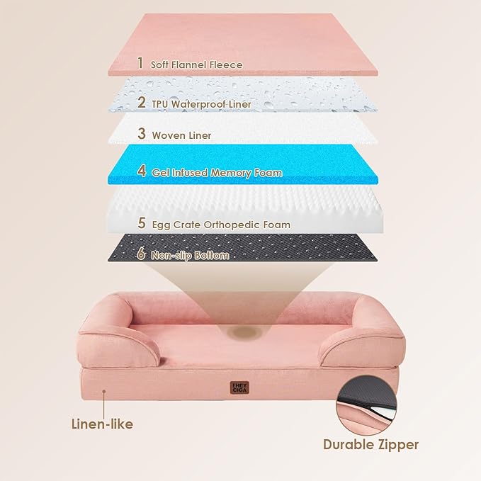 EHEYCIGA Orthopedic Dog Beds for Large Dogs, Waterproof Memory Foam Large Dog Bed with Sides, Non-Slip Bottom and Egg-Crate Foam Pet Couch Bed with Washable Removable Cover, Dusty Pink