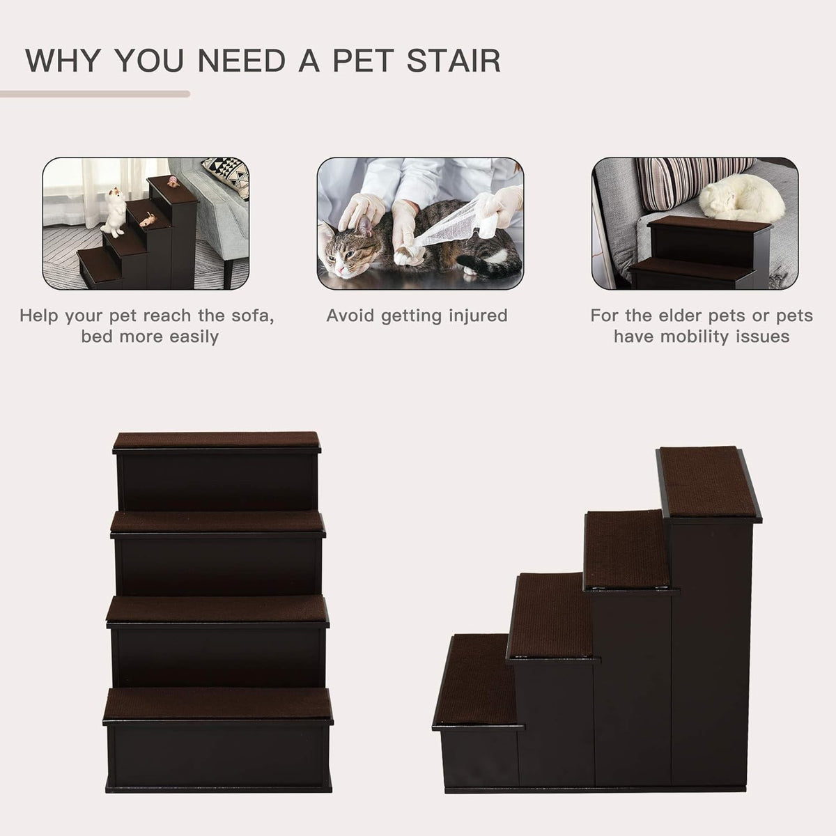 PawHut Pet Stairs, Small Pet Steps with Cushioned Removable Covering for Dogs and Cats Up to 22 lbs, Brown