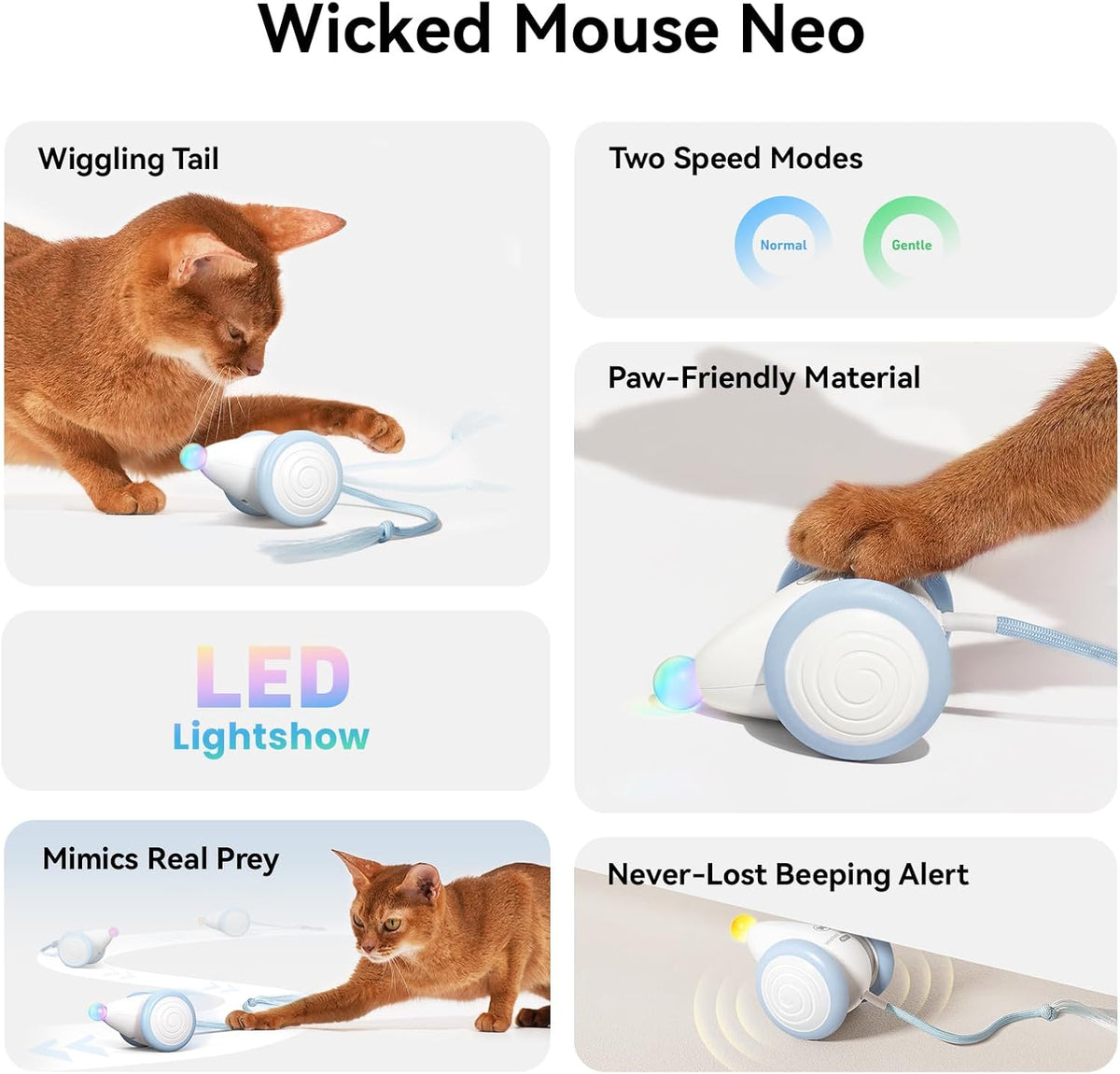 Cheerble Interactive Cat Toys for Indoor Cats, Automatic Moving Kitten Toys, Wicked Mouse Neo Cat Toy with Tail & Lights, Pet Cat Supplies, Rechargeable Cat Toys for Bored Indoor Adult Cats,Blue