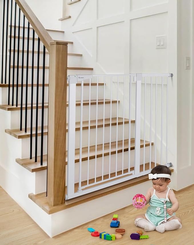 COMOMY 36" Extra Tall Baby Gate for Stairs Doorways, Fits Openings 29.5" to 40.6" Wide, Auto Close Sturdy Safety Dog Gate for House, Pressure Mounted Easy Walk Through Pet Gate with Door, White