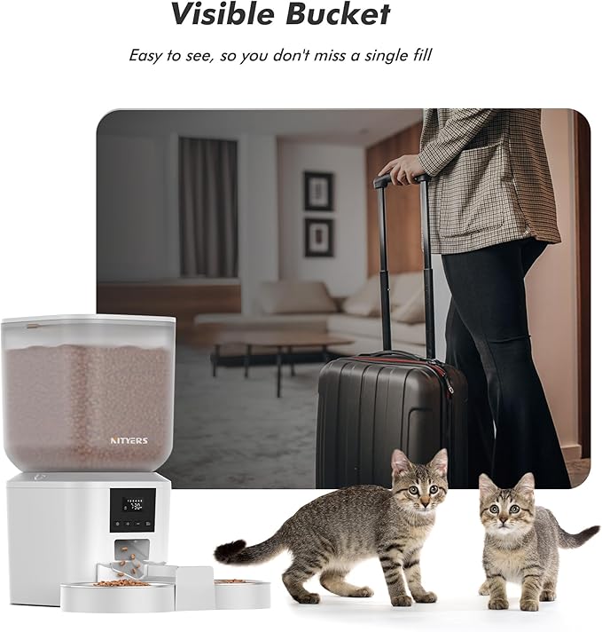 Automatic Cat Feeder for 2 Cats - 8L/34 Cups Large Capacity Auto Food Dispenser with LCD Screen, 2 Food Trays, Timed Cat Feeder, Up to 50 Portions 6 Meals Per Day, Keep Fresh, White