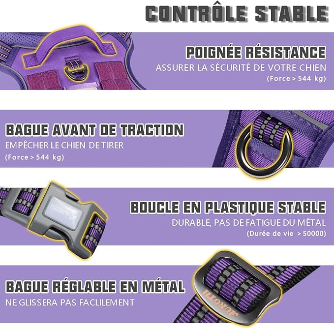 AUROTH Tactical Dog Harness for Large Dogs No Pull Adjustable Pet Harness Reflective K9 Working Training Easy Control Pet Vest Military Service Dog Harnesses Purple S