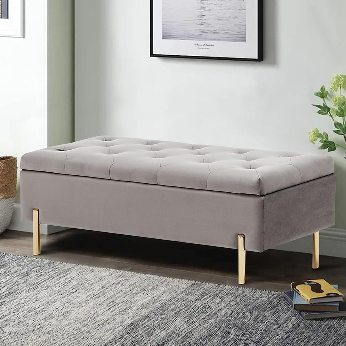 45.6 Inch Velvet Storage Bench, Tufted Upholstered Ottoman with Storage, Bedroom Living Room Entryway Rectangular Accent Bench, Grey