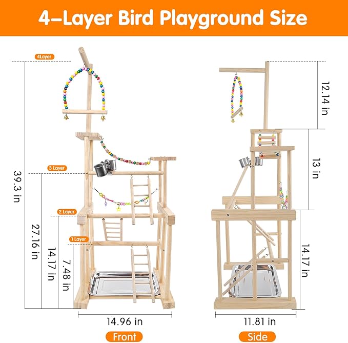 Bird Playground 4 Layer, Parrot Perch Stand Bird Play Stand for Parakeet Conure Cockatiel Lovebird Budgie, Parrot Playground with Feeder Cups, Ladder, Chain Toy, Swing and Detachable Tray