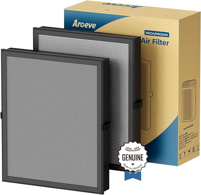 AROEVE MK04 Air Purifier Replacement Filter, Smoke Remove Material 4 -in-1 Filter with Activated Carbon Mix, Against Ash for Smoke, Odors, and VOCs, 2 Pack- Grey