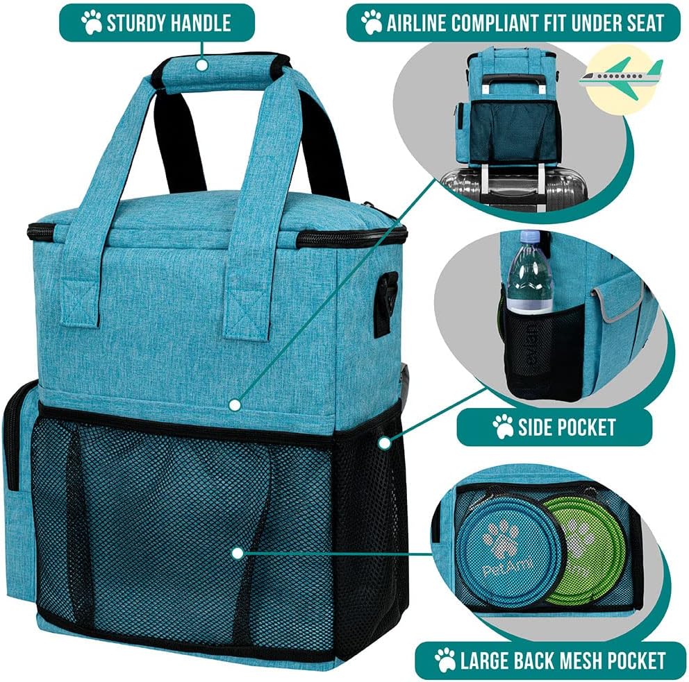 PetAmi Dog Travel Bag Pet Supplies Accessories Organizer for Traveling, Camping, Weekend; Cat Pet Travel Bag Kit Includes 2 Food Storage Containers, 2 Collapsible Bowls, 1 Feeding Mat (Teal Blue)