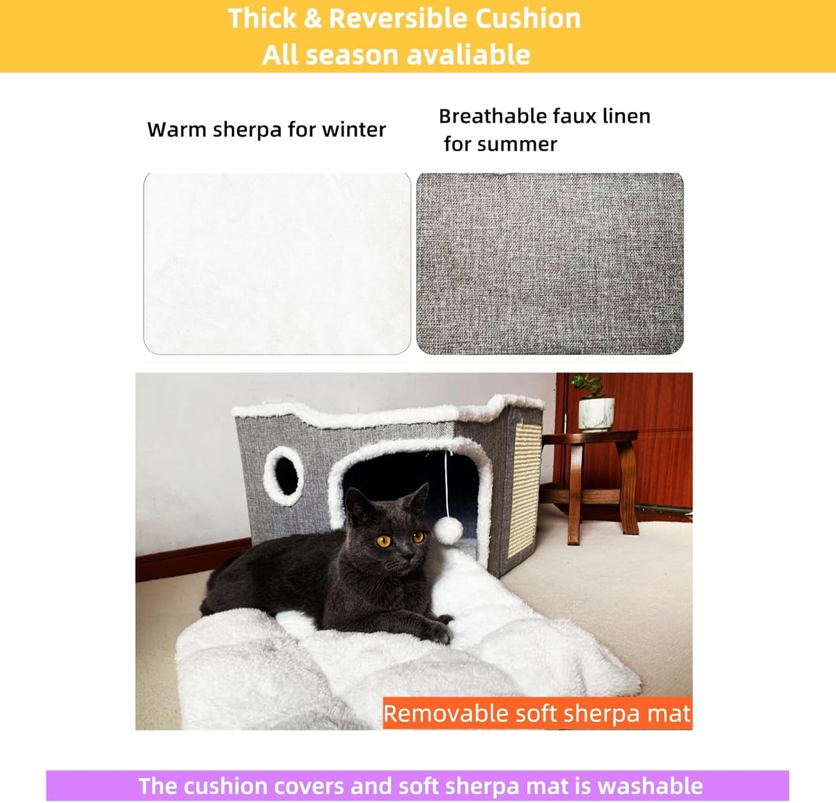 Cat Bed for Indoor Cats,Covered Cat Cave House & Furniture with Scratch Pad,Foldable Cat Hideaway Hut Cute Cat Condo with Soft Washable Mat for Multi Small Pet Under 30 lbs,Dark Grey