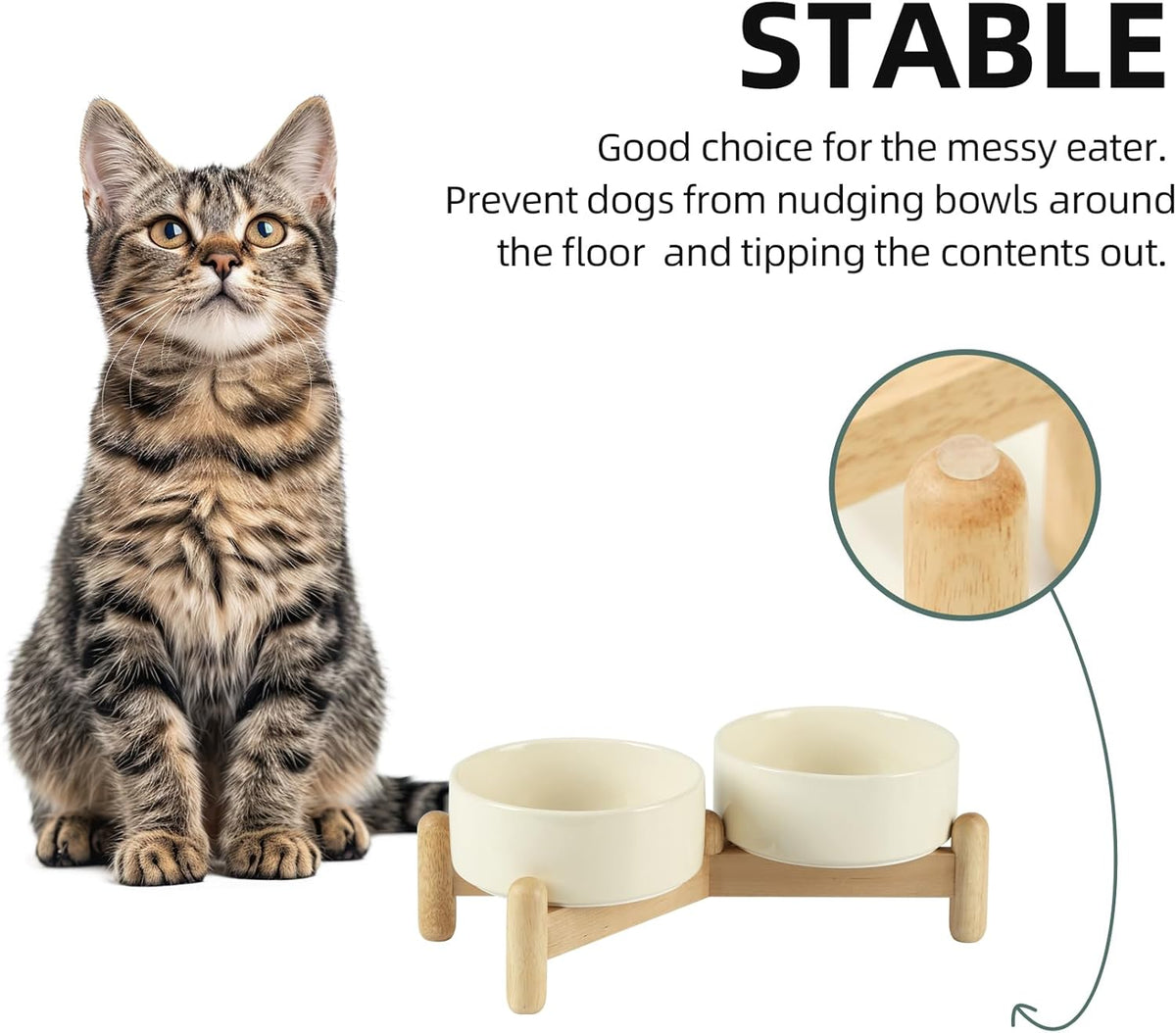 Ceramic 5.1inch Raised Double Bowls Set with Wooden Stand, Elevated Food & Water Bowls for Small Breed Dogs, Cats, Kitty, Weighted Dog Dishes, Pet Bowls(13.5oz, Beige)