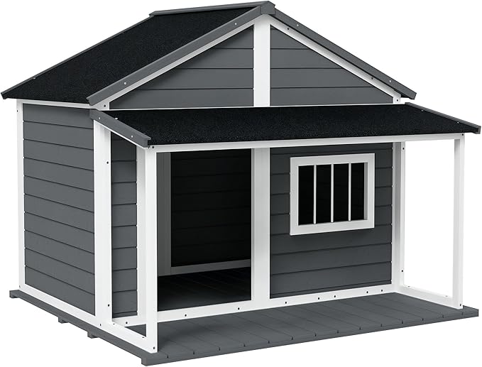 PawHut Outdoor Dog House Cabin Style, Wooden Raised Pet Kennel with Asphalt Roof, Front Door, Side Window, Porch for Medium and Large Dogs, Gray
