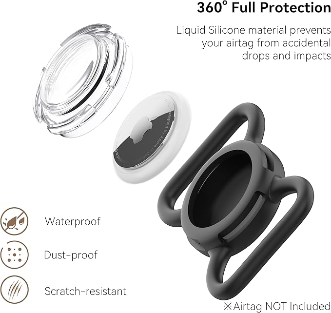 Waterproof Airtag Holder for Dog Collar, Soft Full-Body Protective Airtag Holder for Dog & Cat Collars, Ultra-Durable, Easy Installation, Lightweight Clear Airtag Case (Black, Large)