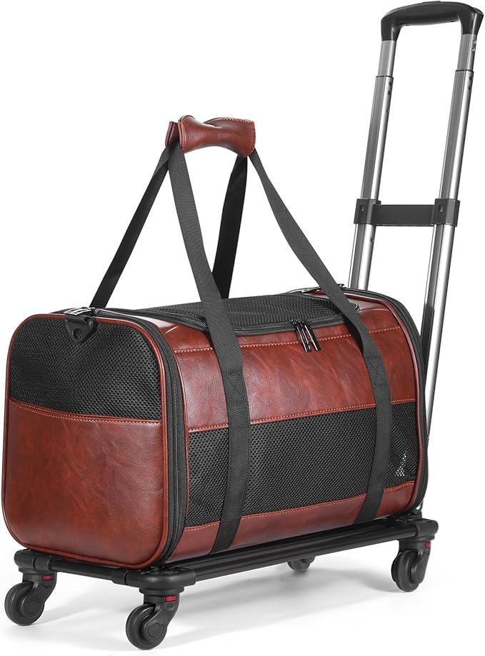 Airline Approved Pet Carrier with Wheels, Rolling Soft Sided Dog Cat Travel Bag, Premium Fashion Leather Small Pet Carrier Purse for Puppies and Cats Coffee