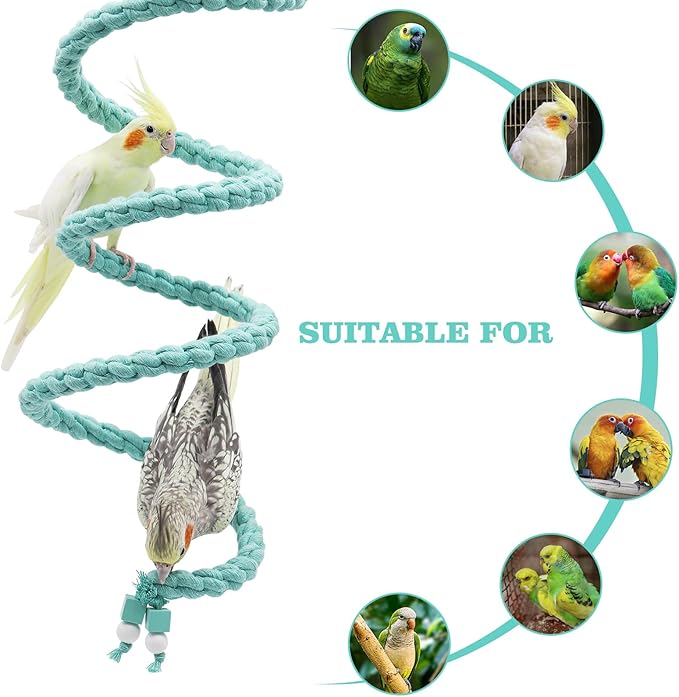 Bird Cage Accessories: Hanging Spiral Bird Rope Perch with Metal Hook, for Budgie, Lovebird, Parakeet, Cockatiel, Conure, Quaker, Caique, Small to Medium Birds