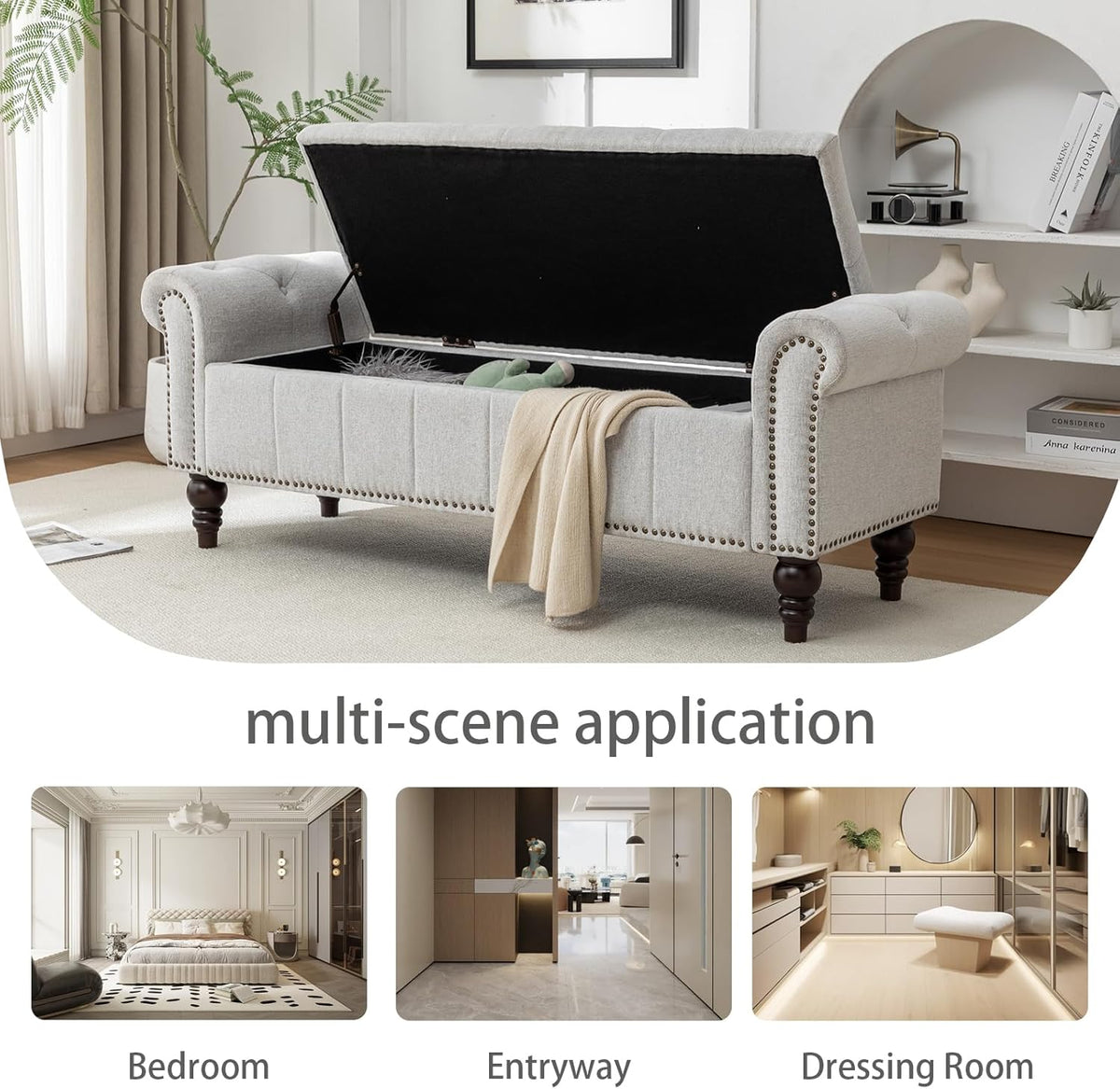 58’’ Storage Bench for Bedroom, Upholstered Button-Tufted Ottoman with Solid Wood Legs, Queen Size End of Bed Shoe Cabinet, Window Seat Foot Rest Stool for Entryway, Living Room (Silver)