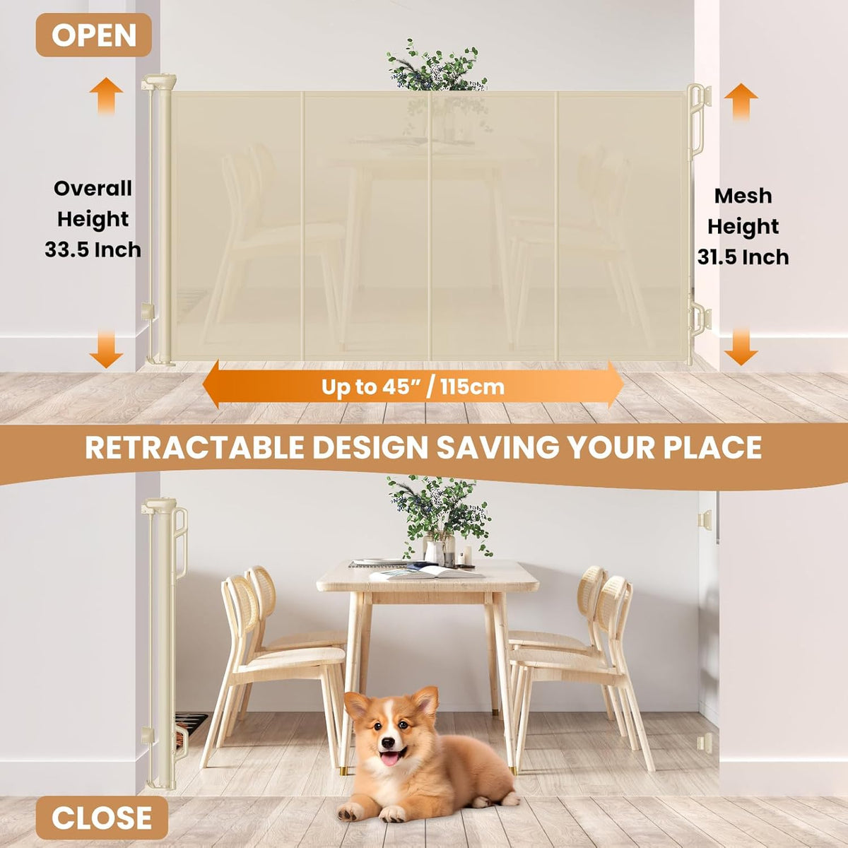 Reinforced Retractable Baby Gate or Mesh Dog Gate,Easy to Use for Stairs, Doorways, Hallways, Indoor, Outdoor, Wide Pet Gate 33.5" Tall, Extends to 45" Wide, Cream