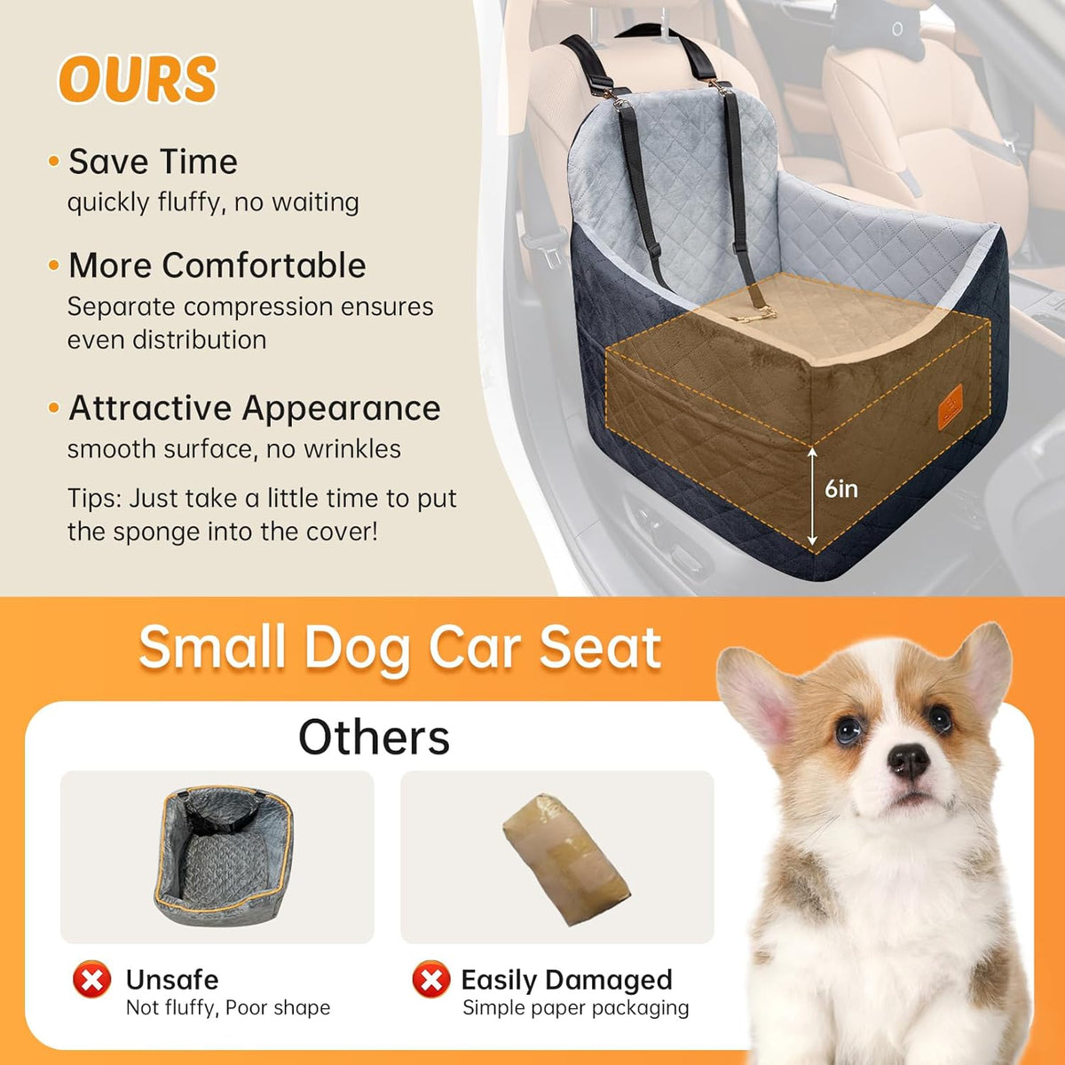 Dog Car Seats for Small/Medium Dogs, FurFrolic Memory Foam Dog Booster Seat for Small Dogs up to 35 lbs, Travel Pet Car Seat with Washable Detachable Cover, Storage Pockets, 2 Safety Belts, Black Gray