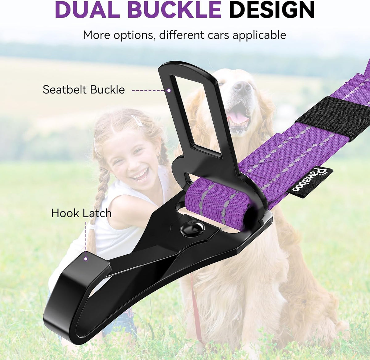 Pawaboo 2Pack Dog Seatbelt for Car, Dog Car Seat Belt Bungee, Shockproof Dog Tether for Car with Buckle & Hook Latch, Adjustable Reflective Dog Car Harness Leash with 360° Lockable Buckle, Purple