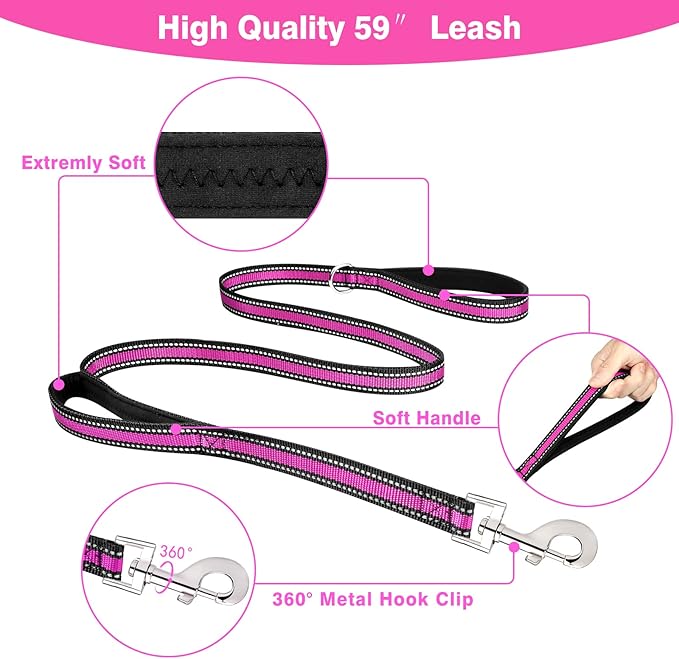 WINSEE Pet Harness Collar and Leash Set, All-in-one Reflective Dog Harness No Pull with Adjustable Buckles for Puppies, Small, Medium, Large, and Extra-Large Dogs (X-Large, Rosy)