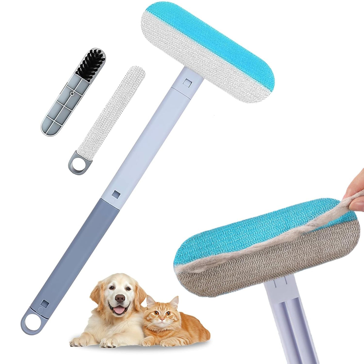 Pet Hair Removal Tool, Multifunctional Reusable Pet Hair Remover Brush for Lint, Cat & Dog Hair Remover for Couch Furniture Car Bed Window Clothes, Washable 4 in 1 Brush with Long Handle & 2 Scrapers