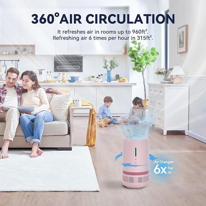 Air Purifiers for Home,HEPA Air Purifier for Room up to 960ft²,Air Purifiers for Odor,Dust,Quiet Air Cleaner for Office,Living Room,Bedroom,Kitchen,Type-C Charging,Included Adapter,Pink 1 Pack