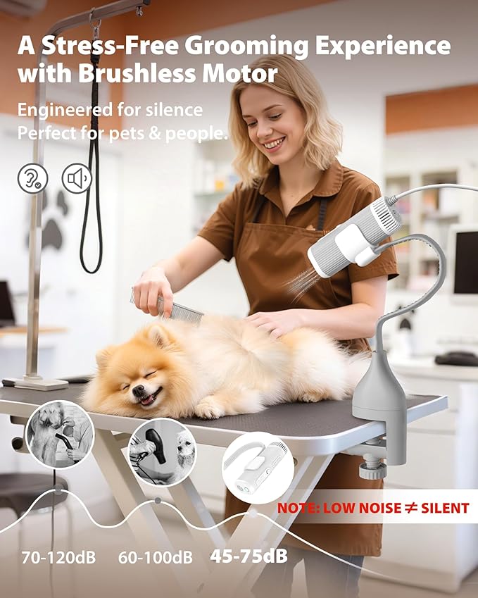 L&W BROS. 2-in-1 Pet Hair Dryer with Clamp Stand – Wearable & Hands-Free Dog Grooming Dryer, 950W Low Noise Blower with 5 Heat & 3 Speed Settings, for Small to Medium Pets (gray)