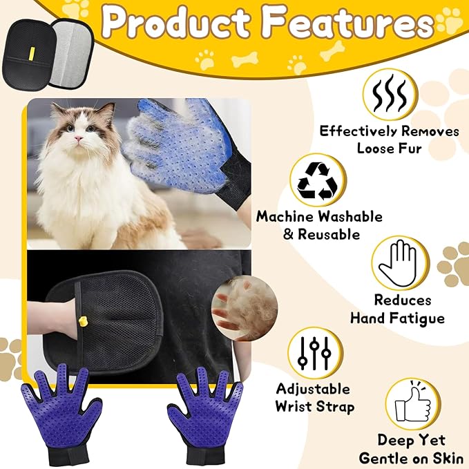 8 Pcs Pet Grooming Gloves for Shedding – 6x Reusable Cat & Dog Hair Removal Gloves+ 1 Pair 2-in-1 Deshedding Brush & Massage Mitt – Safe for Dogs & Cats, Efficient (Blue)