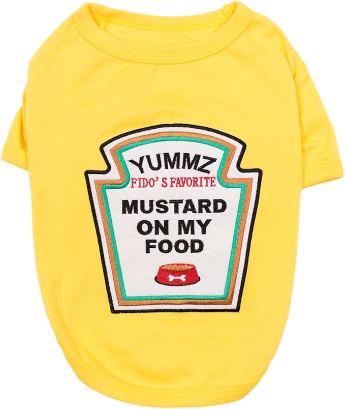 Parisian Pet Dog Shirt - Embroidered “Mustard on My Food“ - 100% Cotton and Polyester Dog Clothes - Sleeved, Lightweight Costume for Dogs - Yellow Dog Shirts for Large Dogs - Pet Costumes - XL