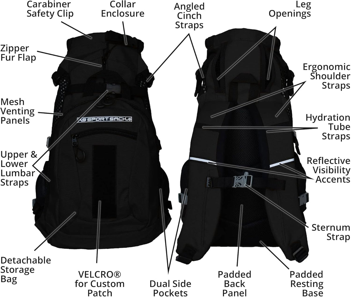 K9 Sport Sack Plus 2 - Small, Jet Black - Ideal for Dogs 13-16” Long - Adjustable, Backpack-Style Carrier with Multi-Functional Storage Pack, Thick Shoulder Straps & Padded Back Panel