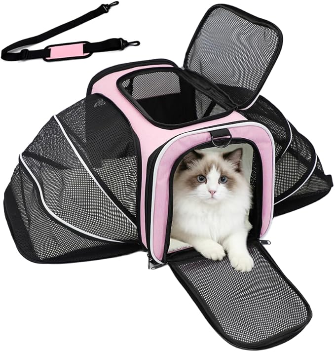 Double Expandable Cat Carrier,Airline Approved Soft-Sided Pet Travel Carrier for Small Dogs Cats under 15 lbs,Waterproof 600D Oxford Fabric with Washable Replacement Liner,Odor-Free & Claw-Proof(Pink)