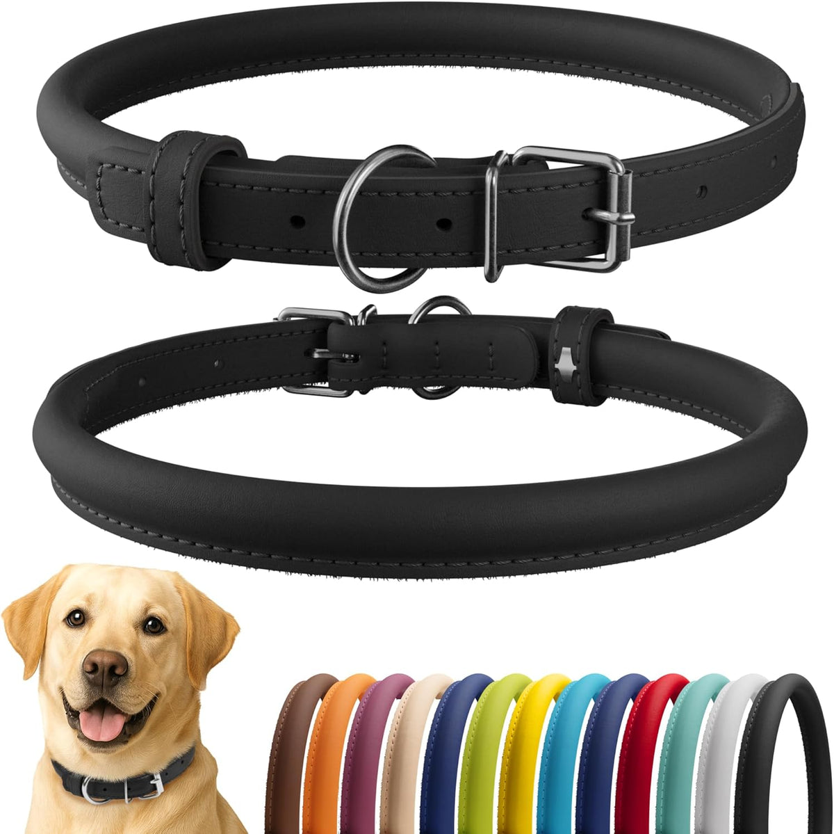 CollarDirect Rolled Leather Dog Collar, Soft Padded Round Puppy Collar, Handmade Genuine Leather Collar Dog Small Large Cat Collars 13 Colors (15-19 Inch, Black Smooth)