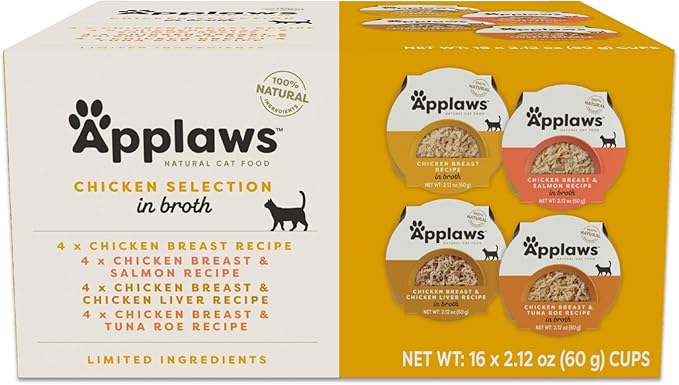 Applaws Natural Wet Cat Food in Broth, Limited and Natural Ingredients, High Protein with No Artificial Additives, Variety Chicken Selection in Broth (16 x 2.12 oz Easy-Open Cups)