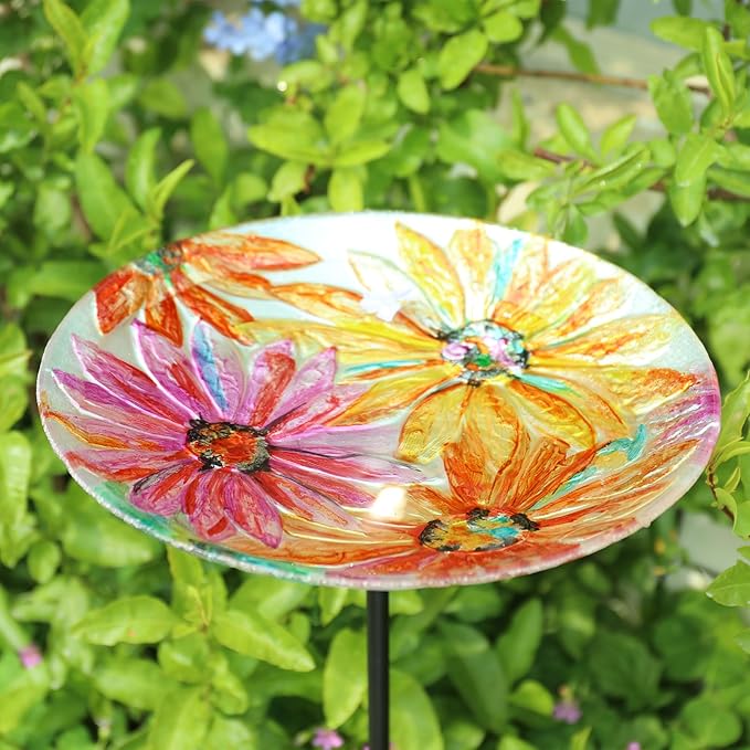 MUMTOP Glass Bird Baths for Outdoors-Outdoor Bird Bath Bowl- Watercolour Daisy Birdbaths Yard Stake, Bird Feeders for Outside, Garden, Patio, Lawn Decor