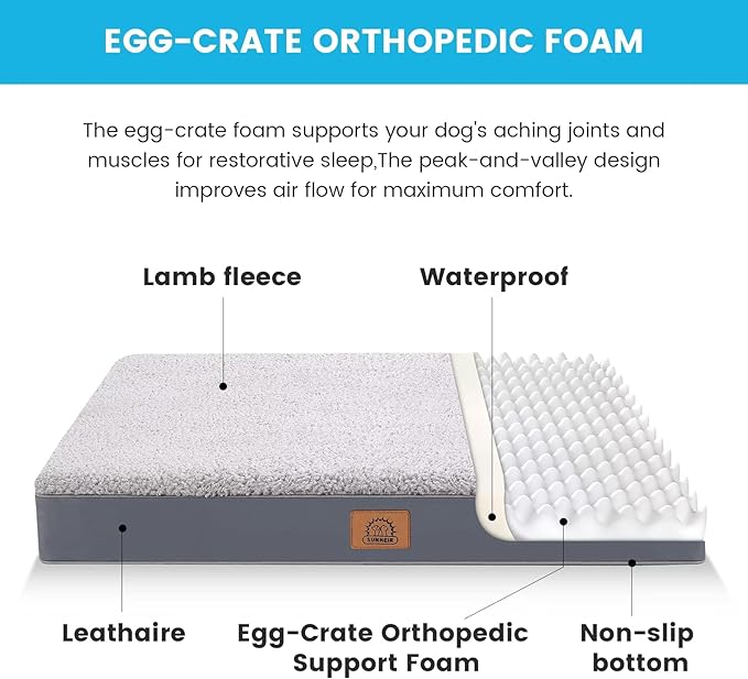 Sunheir Extra Large Orthopedic Dog Bed for Big Dogs - XXL Waterproof Dog Bed with Removable Washable Cover & Anti-Slip Bottom, Crate Bed, Deluxe Plush Pet Bed Mat (Grey)