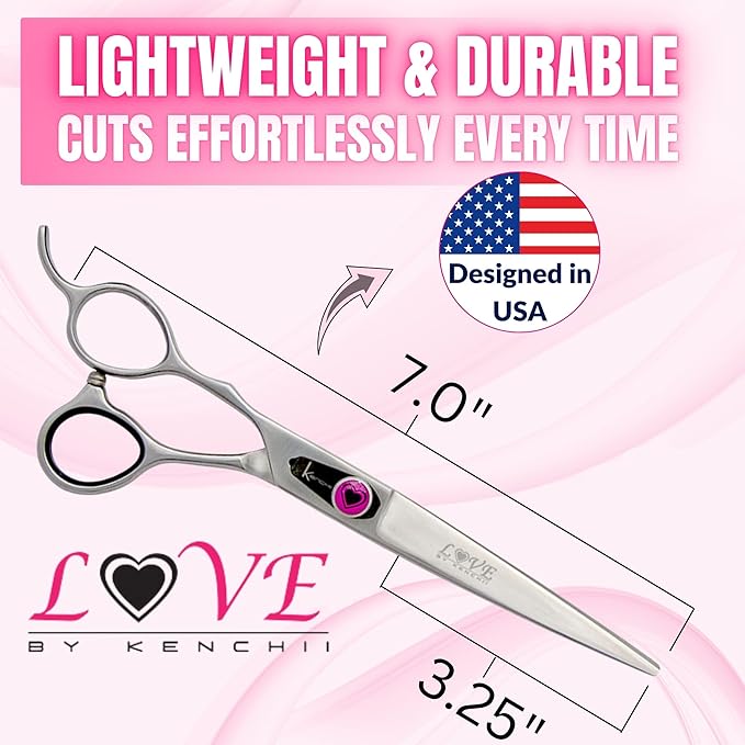 Kenchii Love Left Handed Dog Grooming Scissors, 7 Inch Straight Shears, Dog Scissors for Grooming, Professional Pet Grooming Scissors, Ergonomic & Comfortable