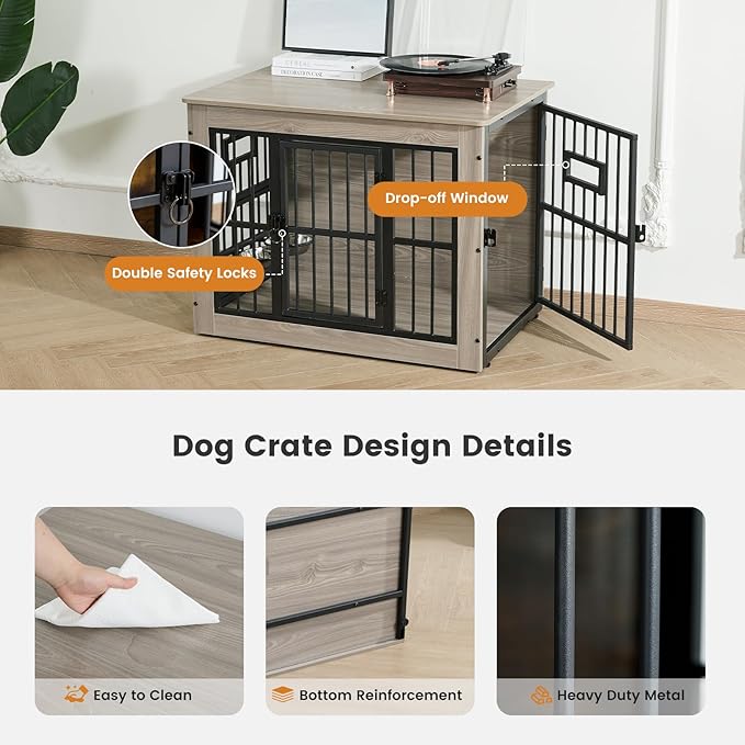Gardner Pet Dog Crate Furniture for Medium Dogs, 38.8 Inch Dog Kennel Indoor, Wooden Dog Cage End Table with 2 Removable Bowls, Heavy Duty Dog Crate, Rustic Grey
