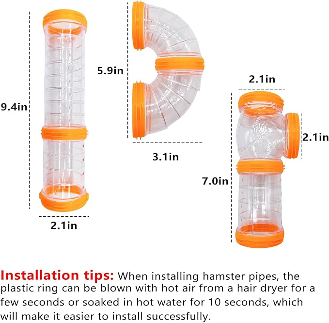8PCS Hamster Tunnel Tube DIY Assorted Toy Transparent Adventure Pipe Playground Excercise Set for Mouse Syrian Hamster Gerbil (Orange)