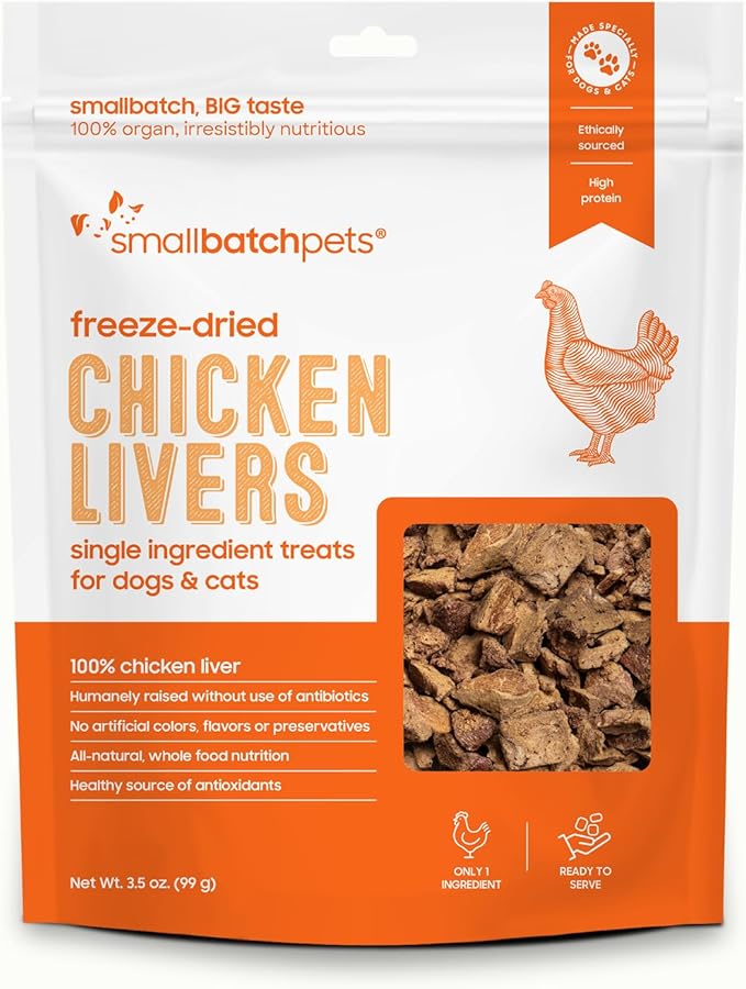 smallbatch Freeze Dried Dog Treats, Chicken Liver Treats for Dogs & Cats, High Protein, Single Ingredient Dog Treat for Training or Food Topper, Natural, Humanely Sourced Meat, Made in the USA, 3.5 oz