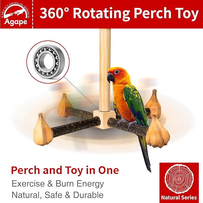 Agape Rotating Parrot Perch Toy with Chew Toy, Natural Wooden Perch Stand for Small & Medium Birds, Bird Cage Accessory with Exercise Wheel for Parakeets Cockatiels Lovebirds Conures Finches Budgies