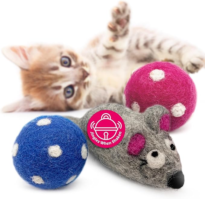 Hustle & Blush Love Ewe Felted Cat Toys 3 Pack - 5 Inch Mouse & 2 Inch Ball Hand Made Cute & Fun Design Kitten Wool Felt Balls for Indoor Play & Exercise - 100% New Zealand Handmade - Holiday Pet