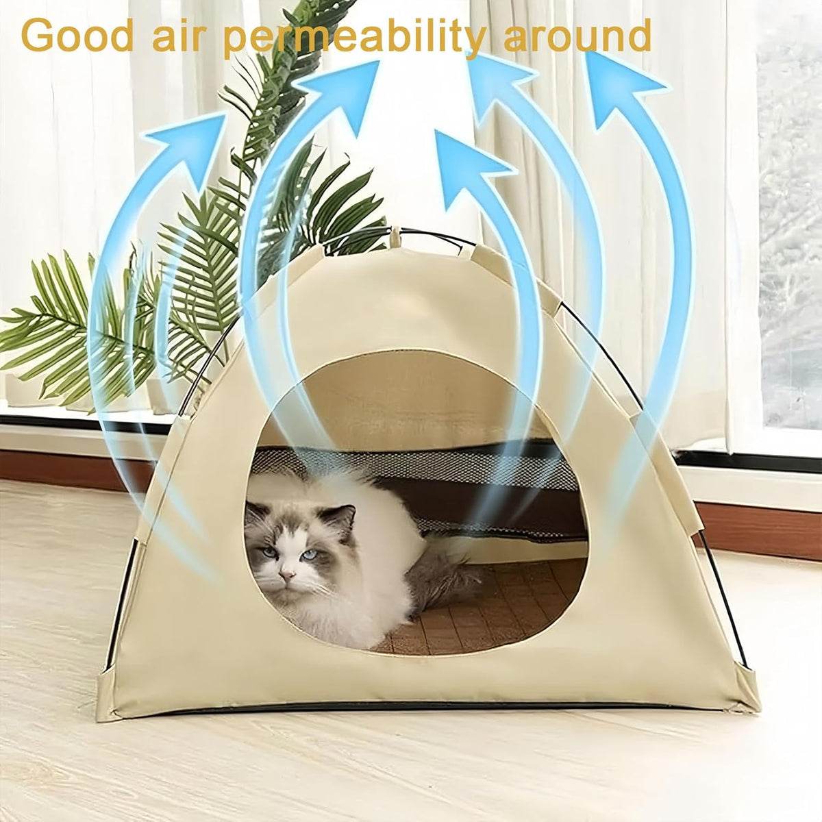 BreezyDen Pop-Up Pet Tent – Portable Hideaway for Cats & Small Dogs, Portable Indoor/Outdoor Pet Tent House with Mesh Window, Waterproof, Breathable, Scratch-Resistant, Fully Washable (Beige,M)