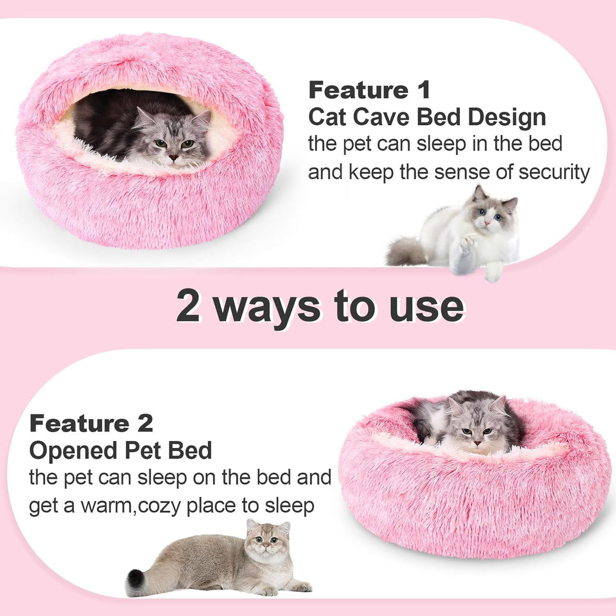 Calming Dog Beds & Cat Cave Bed with Hooded Cover,Removable Washable Round Beds for Small Medium Pets,Anti-Slip Faux Fur Fluffy Coved Bed for Improved Sleep,Fits up to 15/25 lbs(Pink,S)