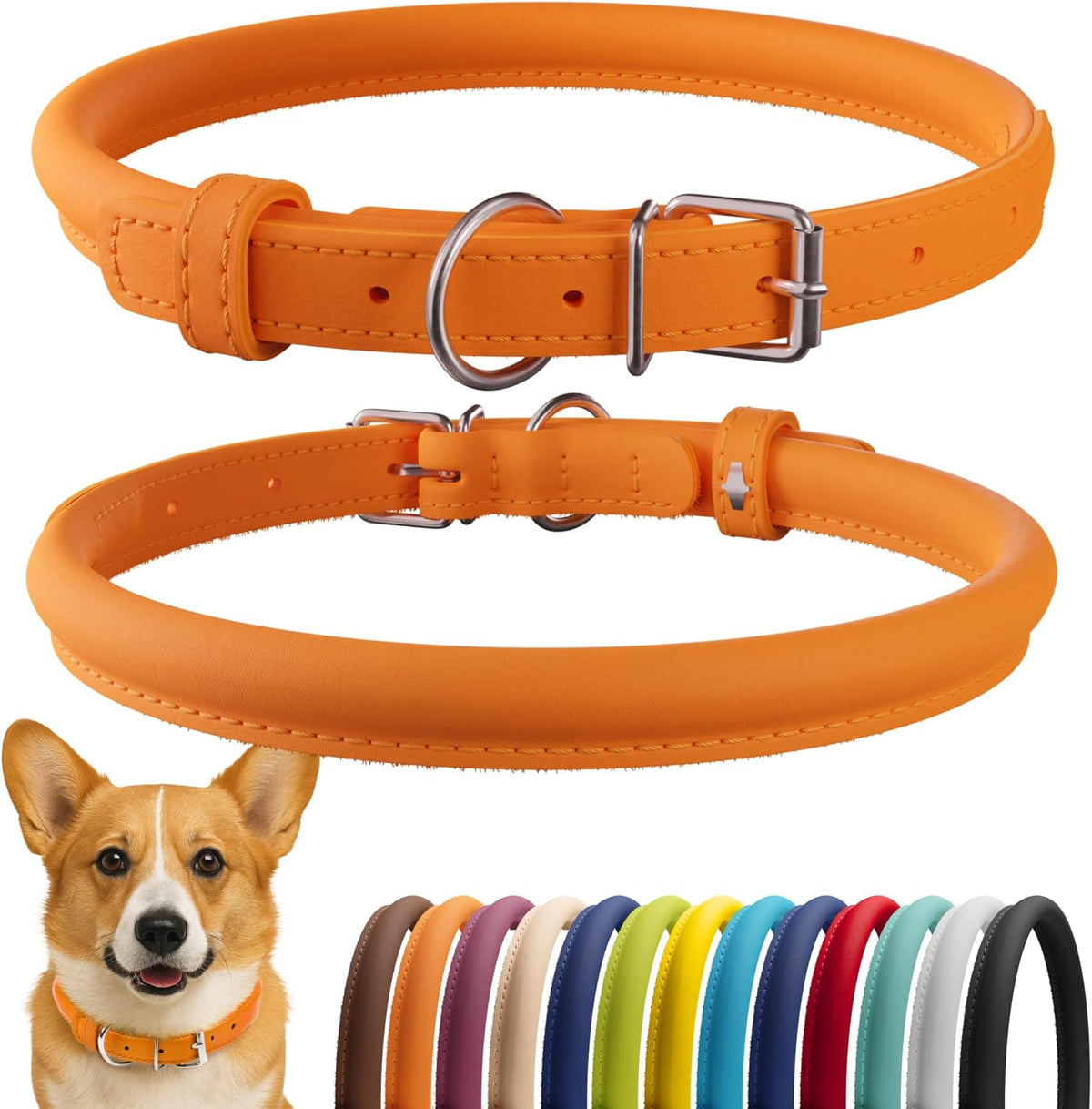 CollarDirect Rolled Leather Dog Collar, Soft Padded Round Puppy Collar, Handmade Genuine Leather Collar Dog Small Large Cat Collars 13 Colors (13-16 Inch, Orange Smooth)