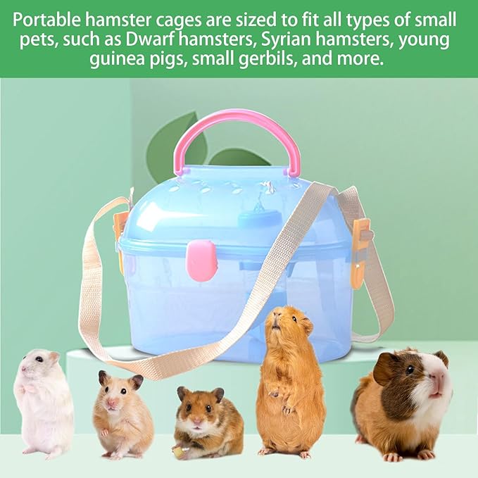 Portable Hamster Cage Syrian Hamster Carry Travel Cage with Water Bottle Food Bowl Adjustable Strap Pet Outgoing Cages for Gerbil Squirrel Guinea Pig Hedgehog Chinchilla