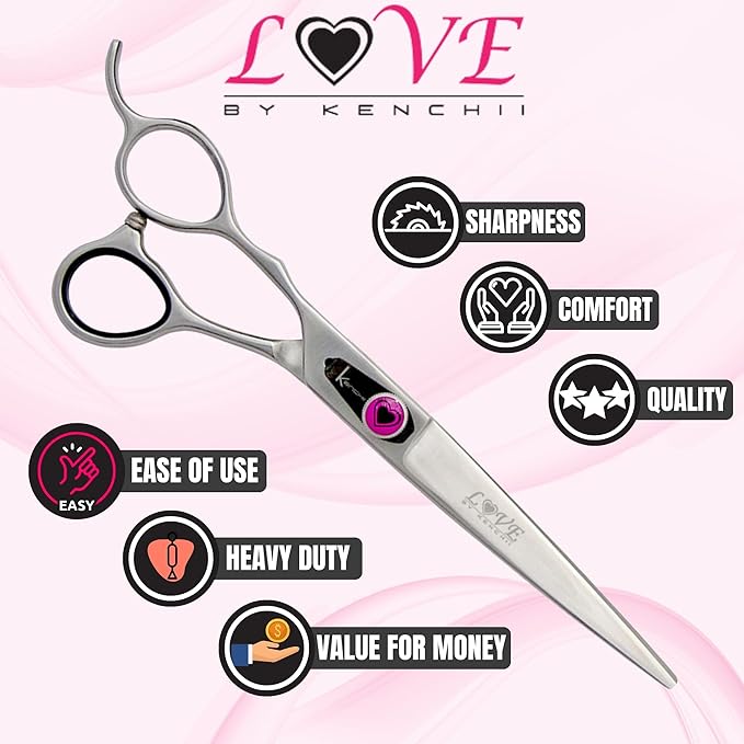 Kenchii Love Left Handed Dog Grooming Scissors, 7 Inch Straight Shears, Dog Scissors for Grooming, Professional Pet Grooming Scissors, Ergonomic & Comfortable