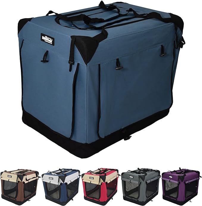 EliteField 4-Door Folding Soft Dog Crate with Curtains, Carrying Bag and Fleece Bed (2 Year Warranty), Indoor & Outdoor Pet Home (20" L x 14" W x 14" H, Blue Gray+4 Door Curtains)