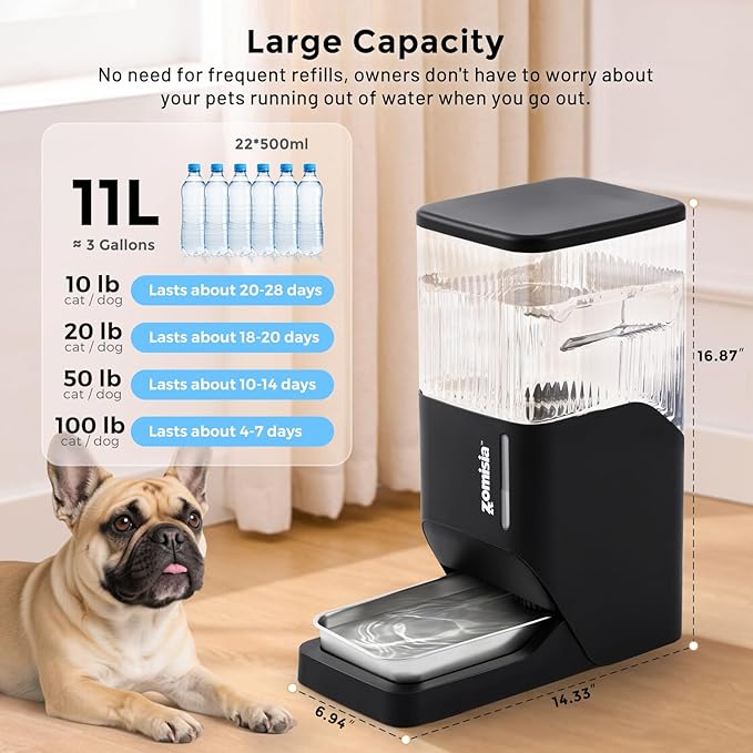 Automatic Dog Water Dispenser 11L with Stainless Steel Bowl, Gravity Extra Large Capacity Water Bowl for Large-Sized Dogs, 3 Gallon Pet Waterer 100% BPA Free, Black