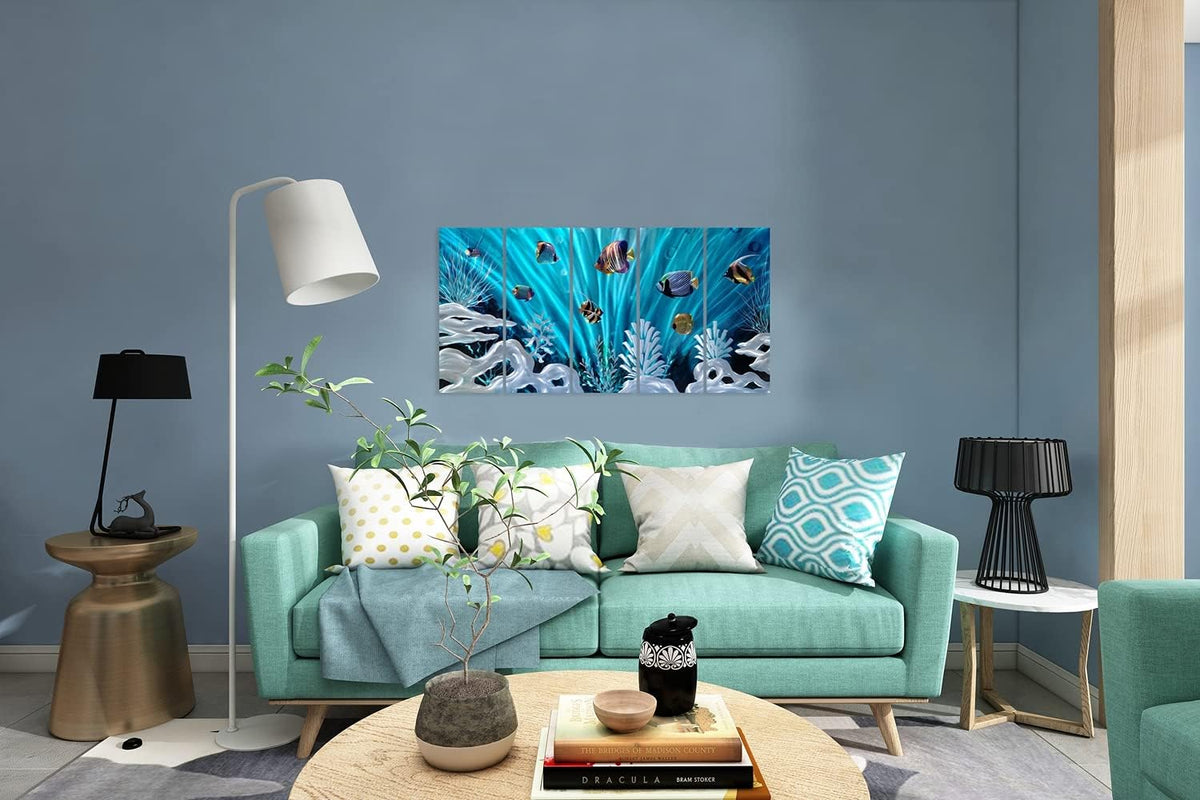 SYGALLERIER Fish Metal Wall Art Hand Crafted Large 3D Sea Life Pictures Modern Abstract Coastal Aluminum Artwork Contemporary Sculpture for Living Room Bedroom Dinning Decor