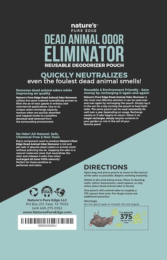 Dead Animal Smell Eliminator Pouch – Fragrance-Free, Reusable Deodorizer for Attic, Wall, Crawlspaces. Removes Decay Odor, Pet & Kid Safe, Extra Large, Covers Up to 375 Sq Ft.