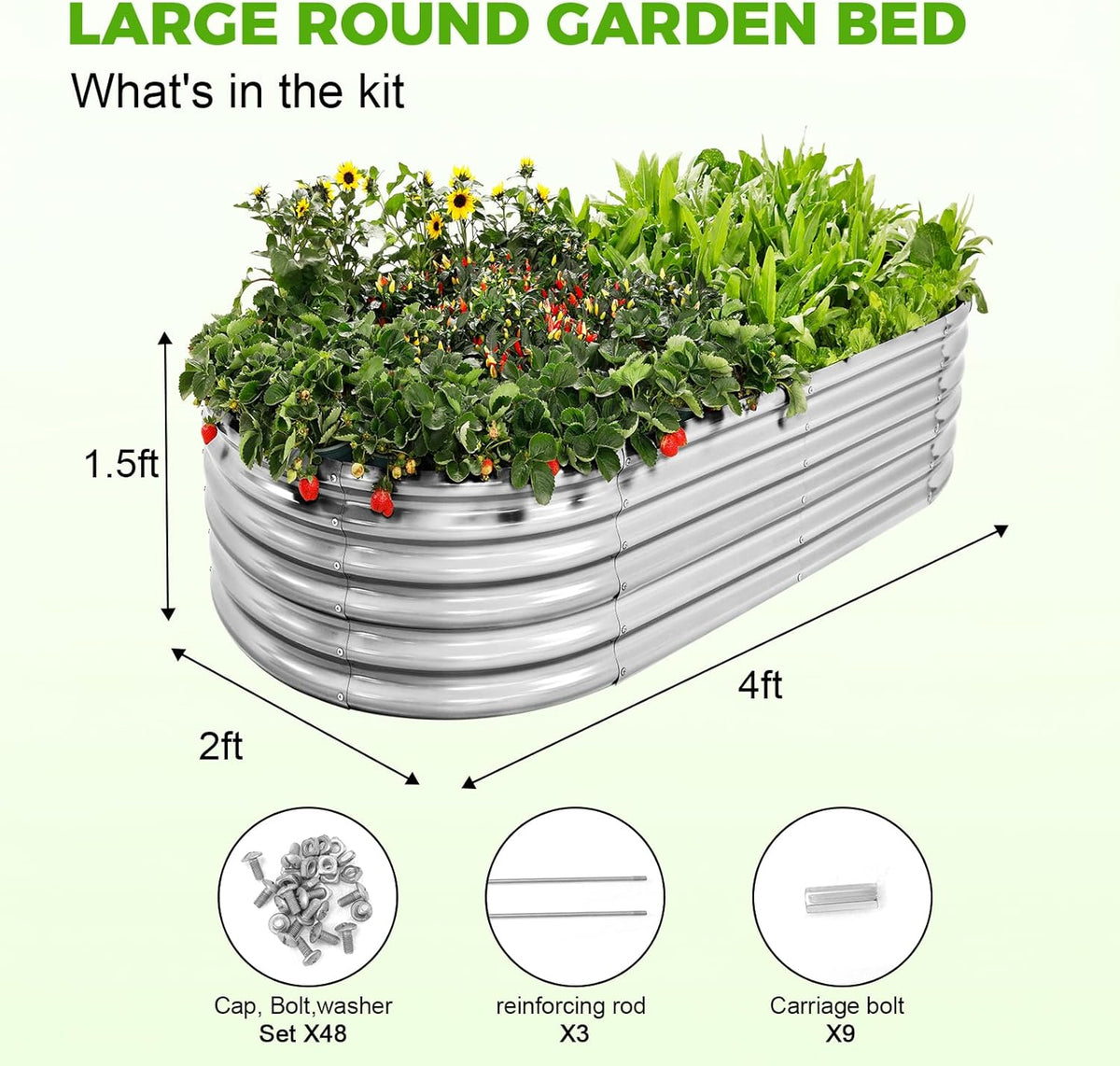 Land Guard 4×2×1.5ft Galvanized Raised Garden Bed Kit, Galvanized Planter Garden Boxes Outdoor, Oval Large Metal Raised Garden Bed for Vegetables……… (Classic Silver
