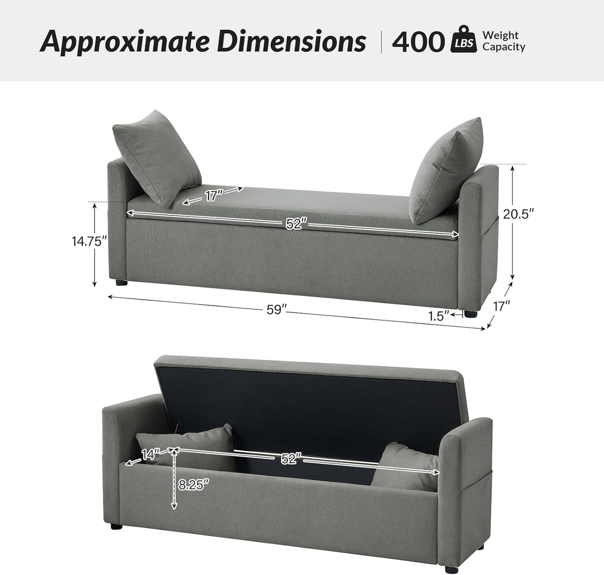 HULALA HOME Modern Storage Ottoman Bench with Throw Pillows, 59" Extra Long End of Bed Bench with Storage Pocket, Comfy Upholstered Footstool for Bedroom Entryway Living Room, Charcoal