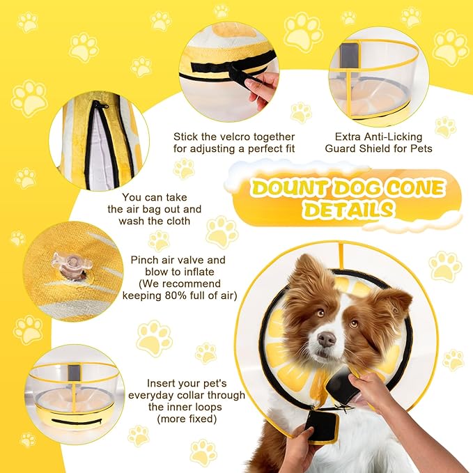 Inflatable Dog Cone Collar with Detachable Enhanced Anti-Licking Shield, Soft Neck Donut Collar for Dogs After Surgery, Adjustable Dog Cone Alternative for Large Medium Small Dogs & Cats